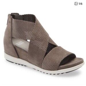 Eileen Fisher Gray Suede Perforated Wedge Sandals Criss Cross Back Zipper Sz 7.5